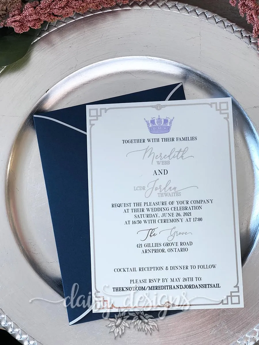 Navy Deco invite with silver foil and navy envelope