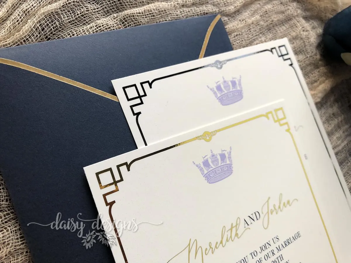 Navy Deco invites with gold and silver foil
