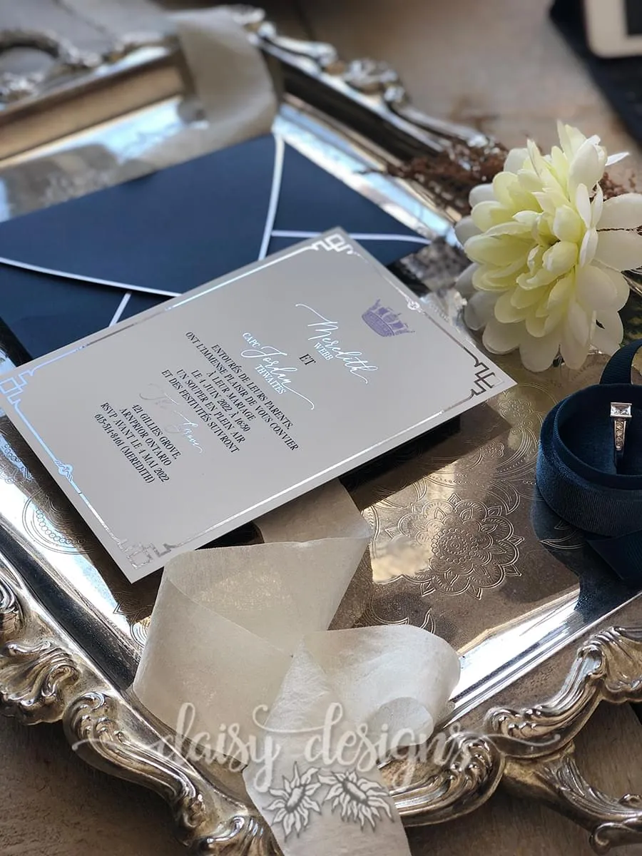 Navy Deco invite with silver foil