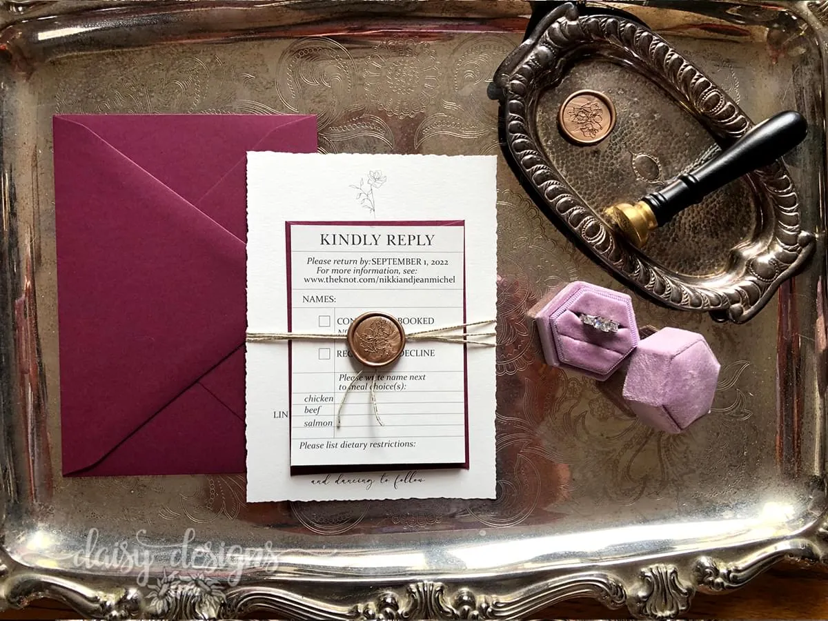 Scarlet Blossom invite bundle with torn edges, belly band and wax seal