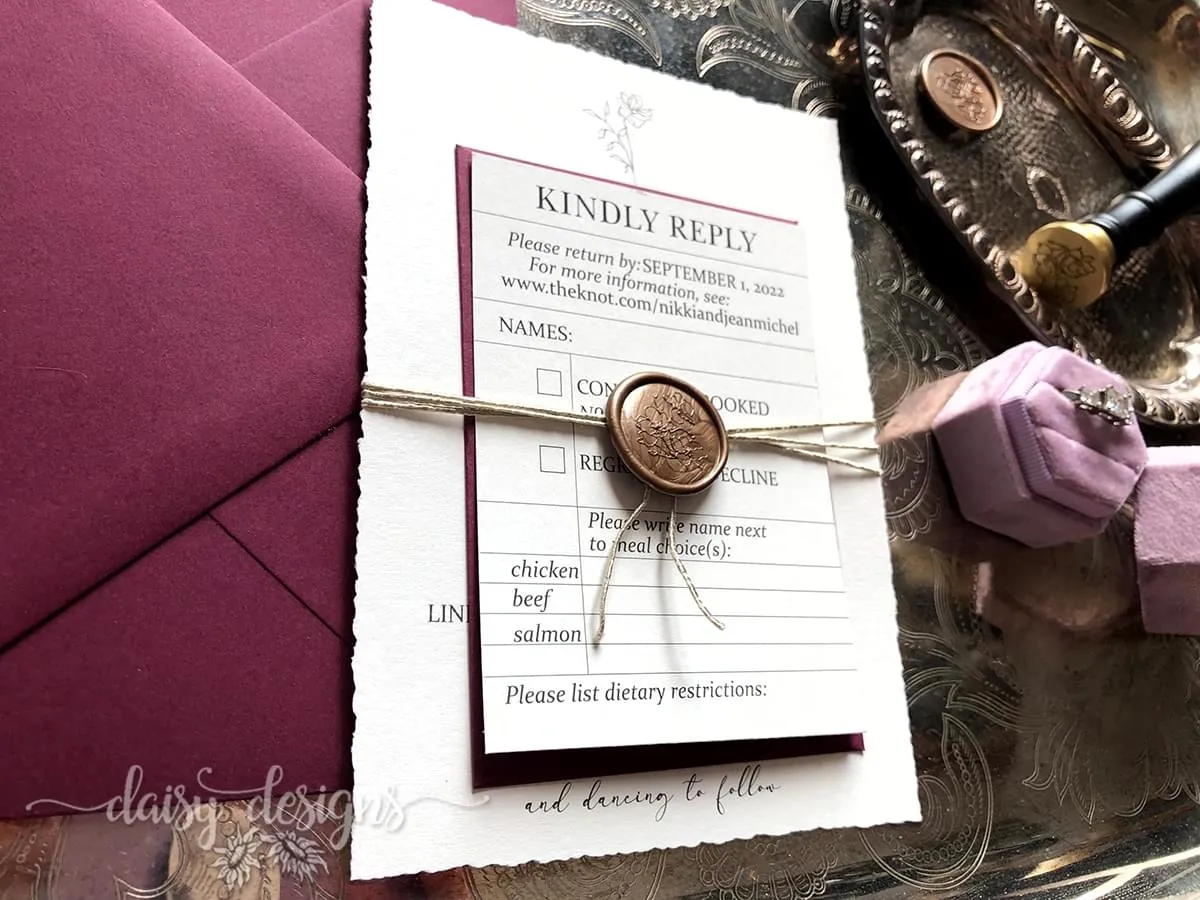 Scarlet Blossom invite bundle with torn edges, belly band and wax seal