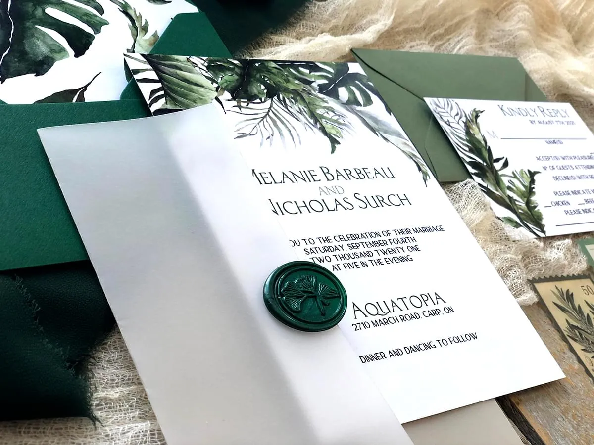 Tropical Utopia invite with velum wrap open