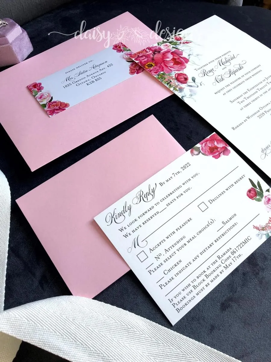 Pink Peonies with pink envelopes RSVP closeup