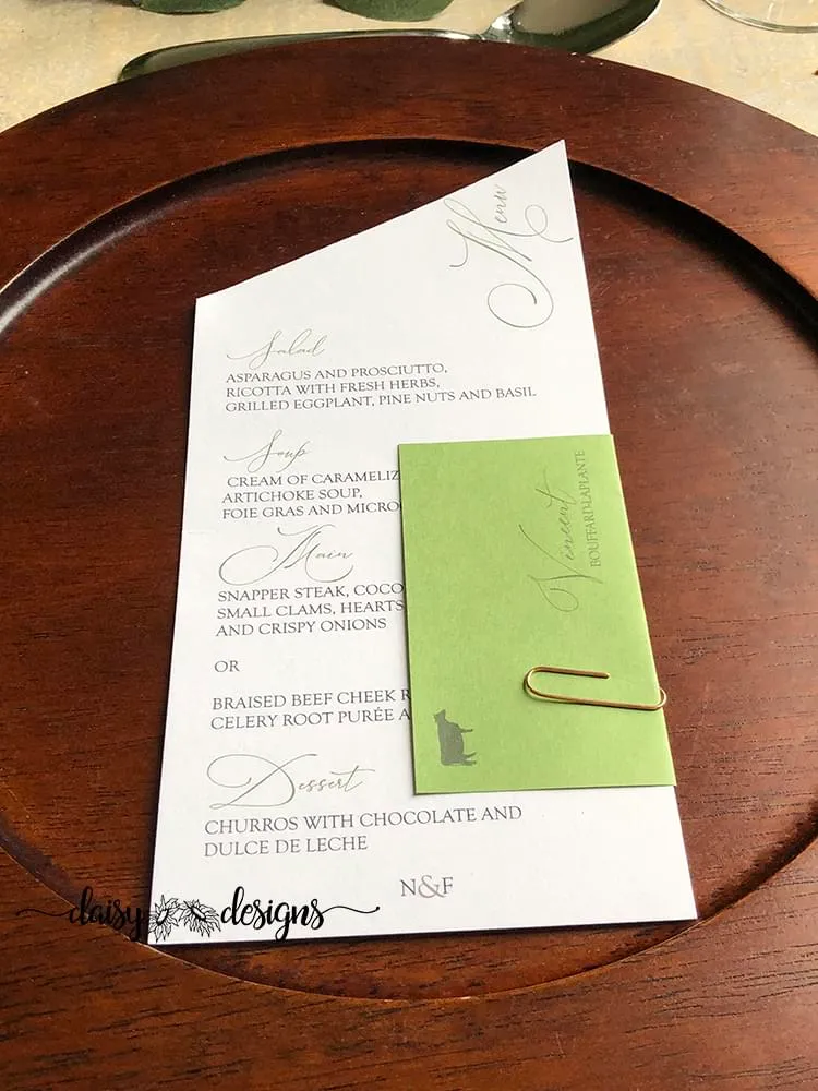Angled Menu with lime green placecard