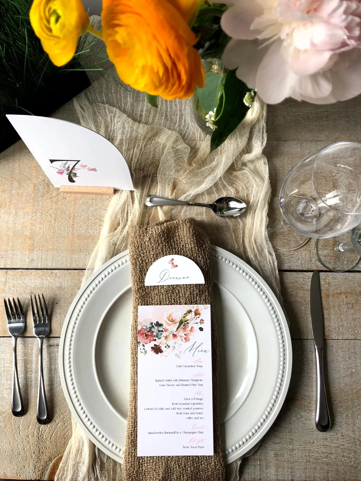 Birds & Blooms menu and table number