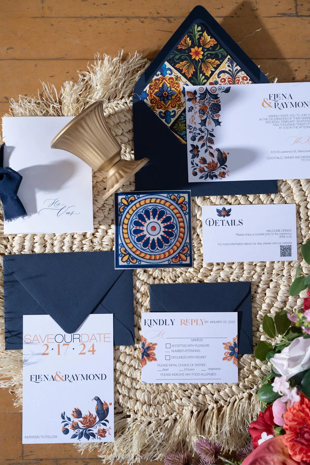Talavera Suite with navy envelopes