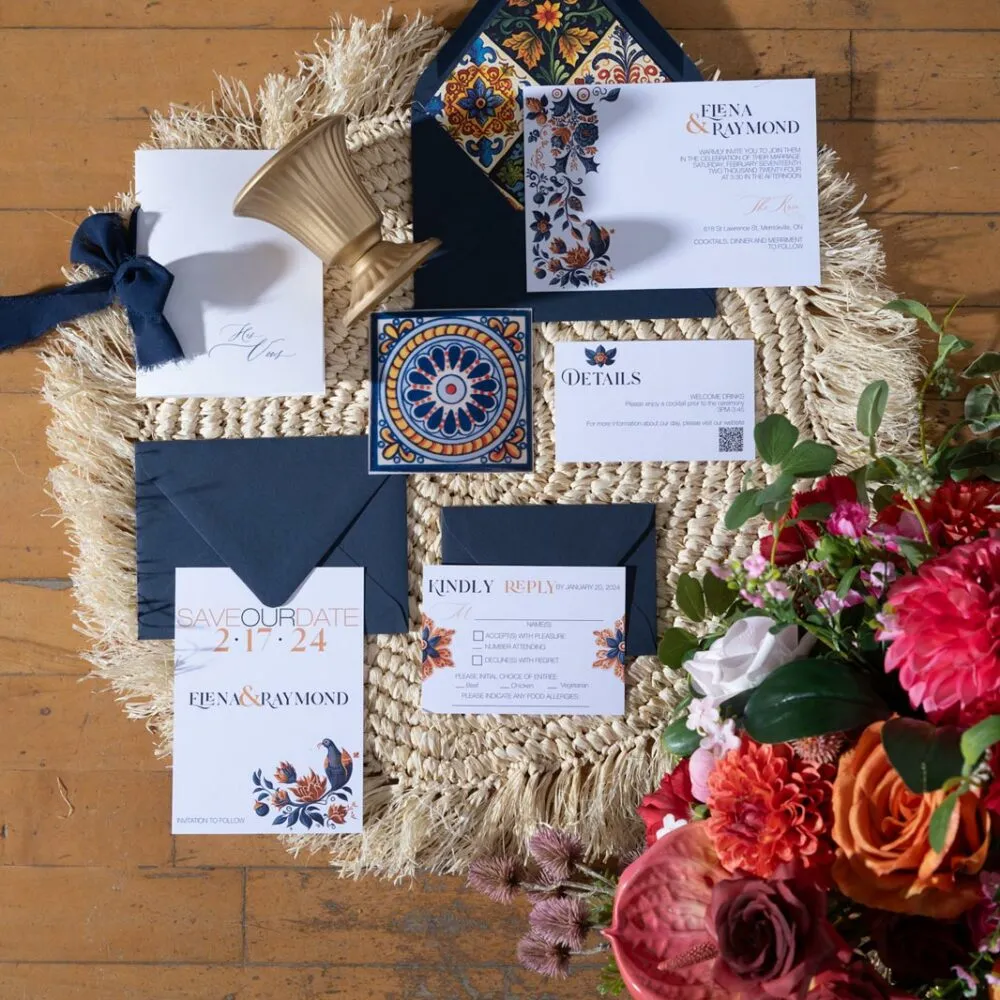 Talavera Suite with navy envelopes