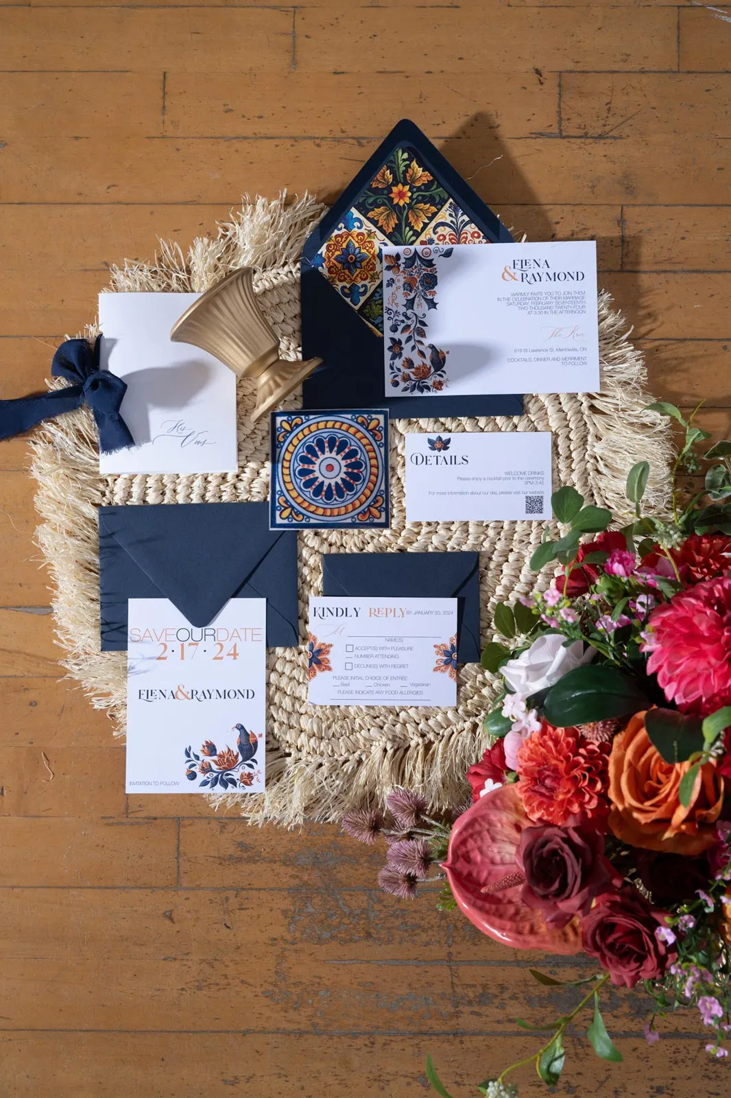 Talavera Suite with navy envelopes