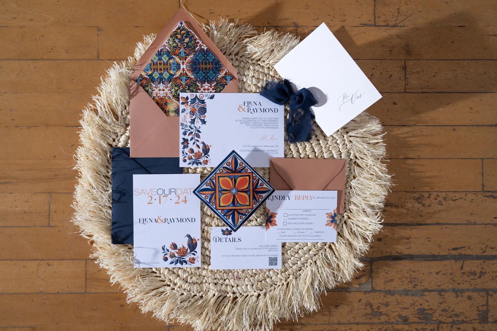 Talavera Suite with navy and terra cotta envelopes