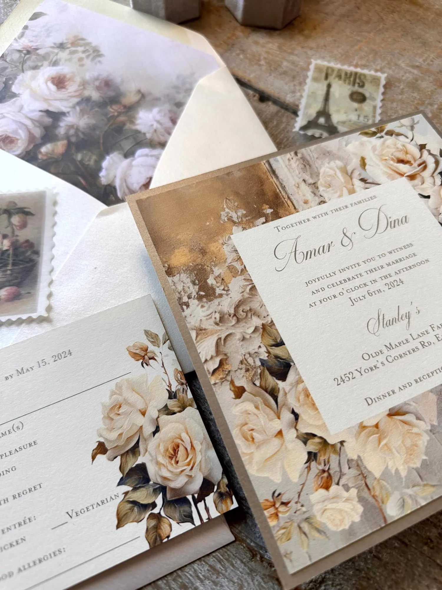 Renaissance Roses invite RSVP closeup