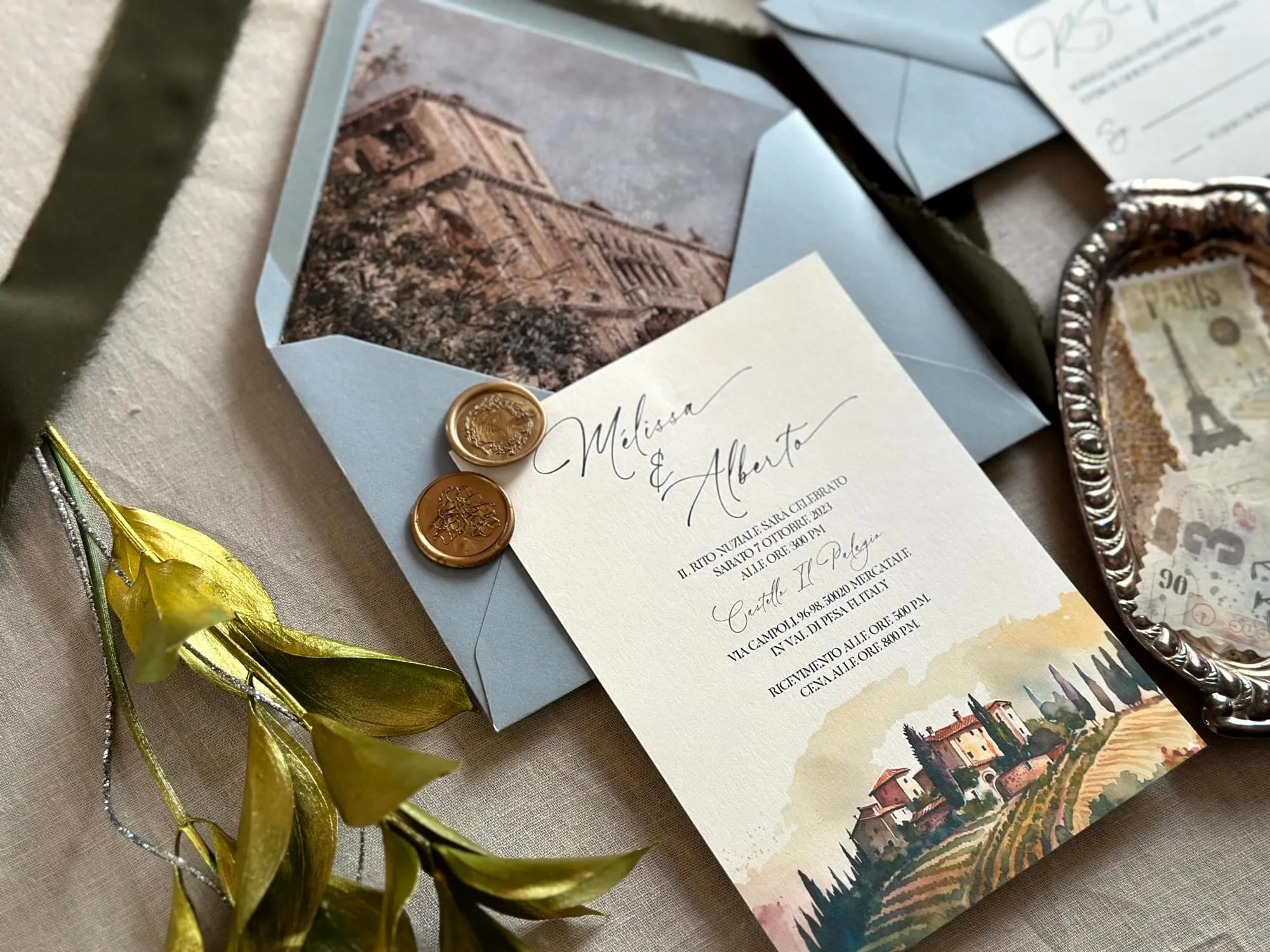 Tuscan Blue Sky invitation and envelope