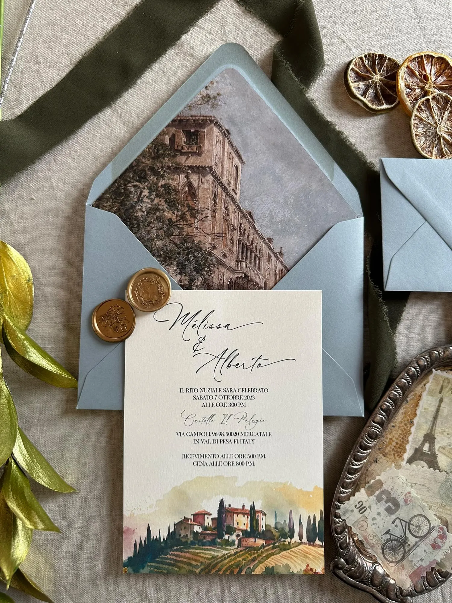 Tuscan Blue Sky invitation, envelope and wax seals