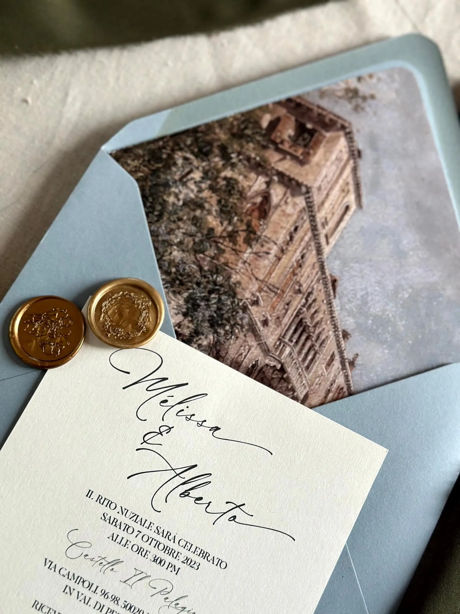 Tuscan Blue Sky invitation close up