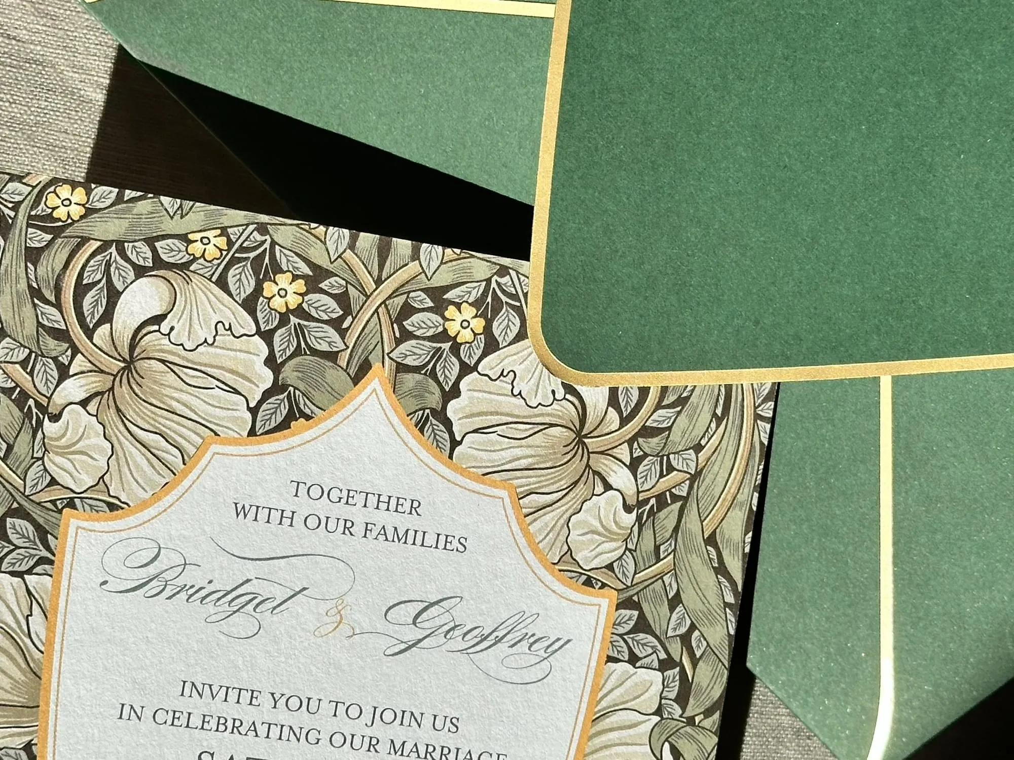 Pimpernel invite and rsvp details and green envelopes