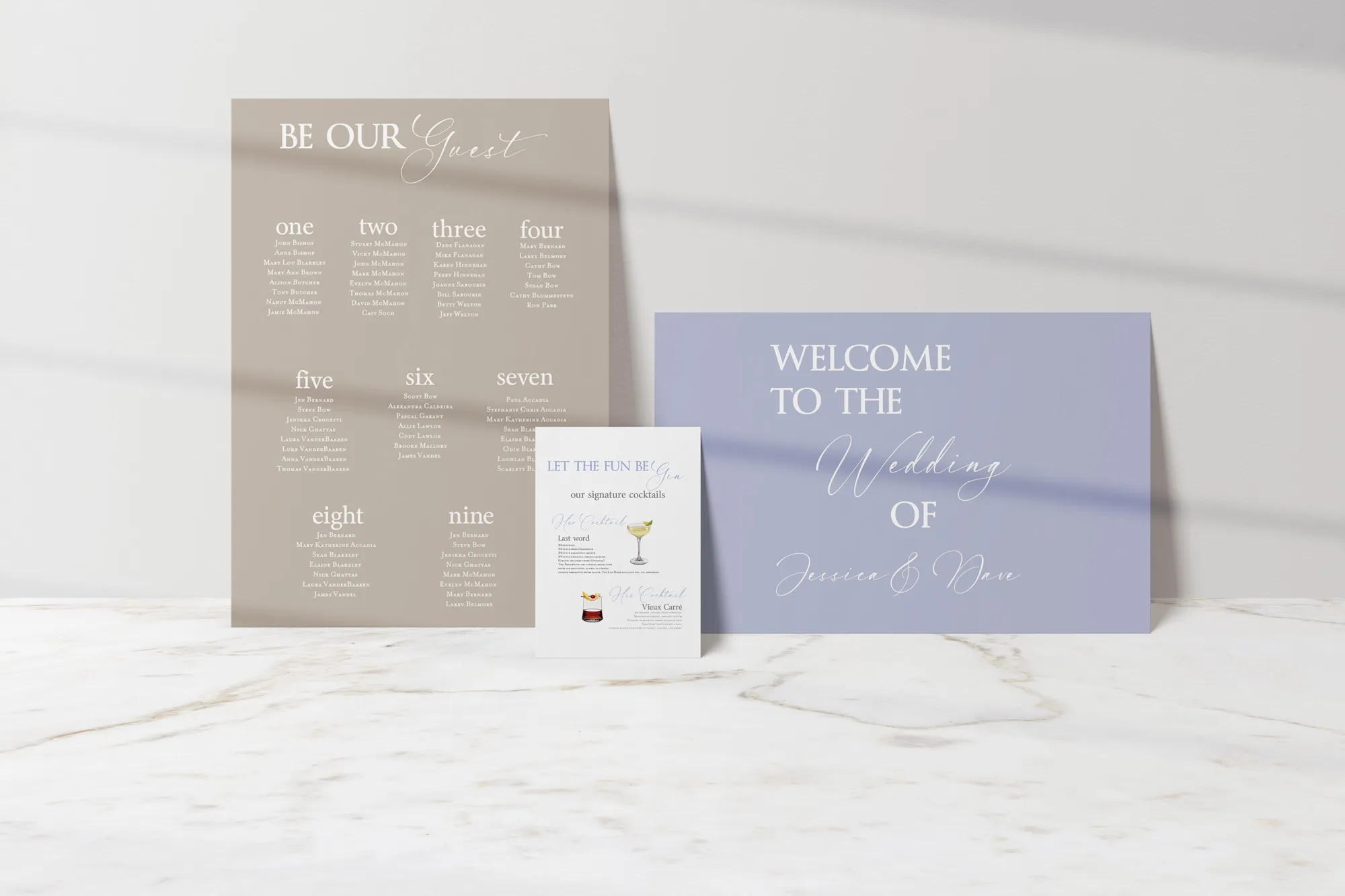Sign Package A2, with Welcome sign, seating chart and bar sign