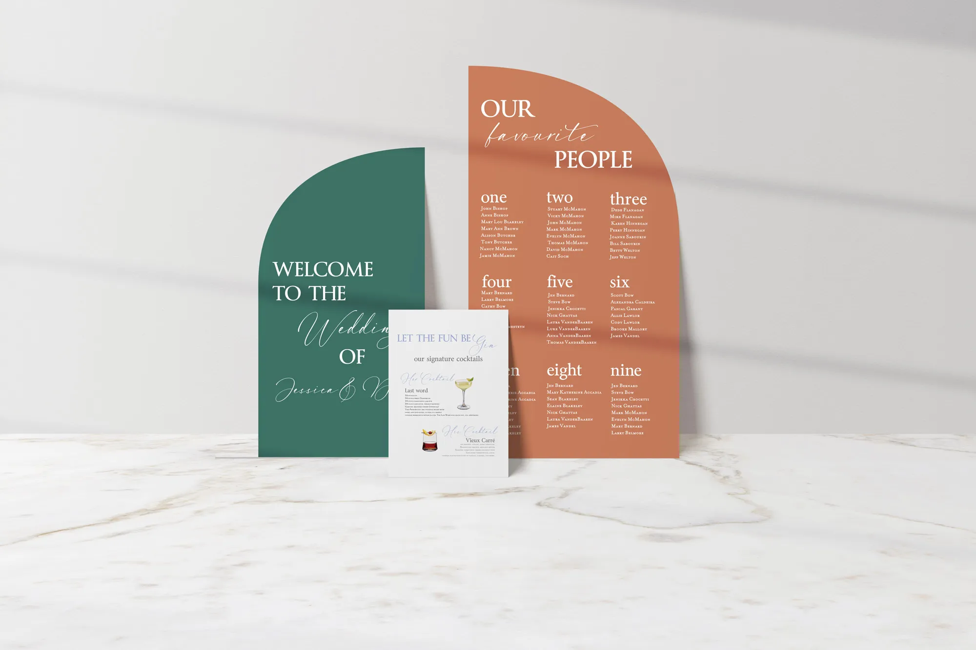 Sign Package C2, with Welcome sign, seating chart and bar sign