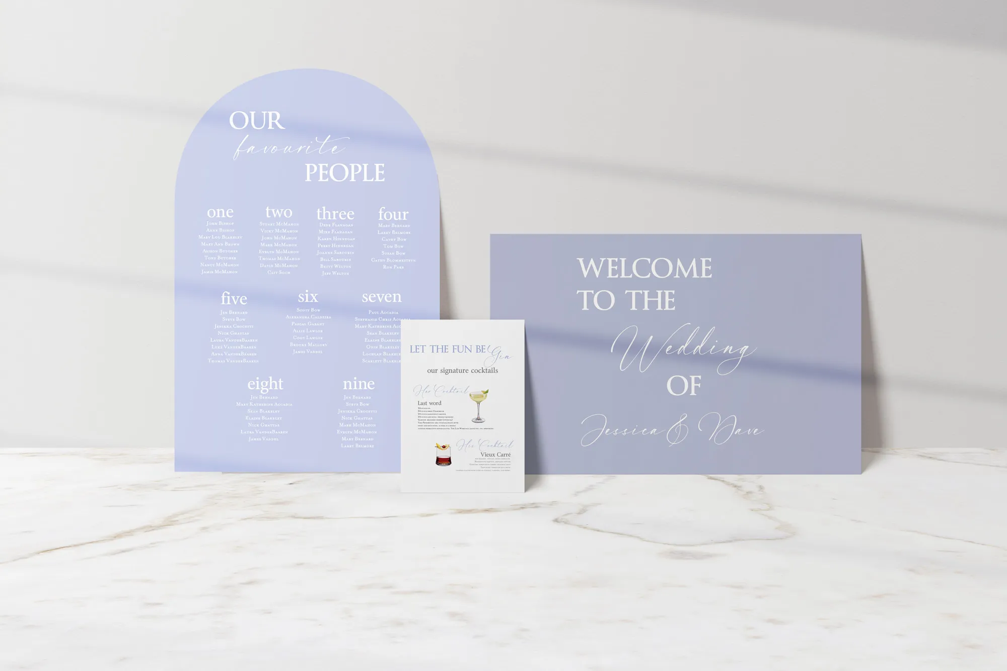 Sign Package B2, with Welcome sign, seating chart and bar sign