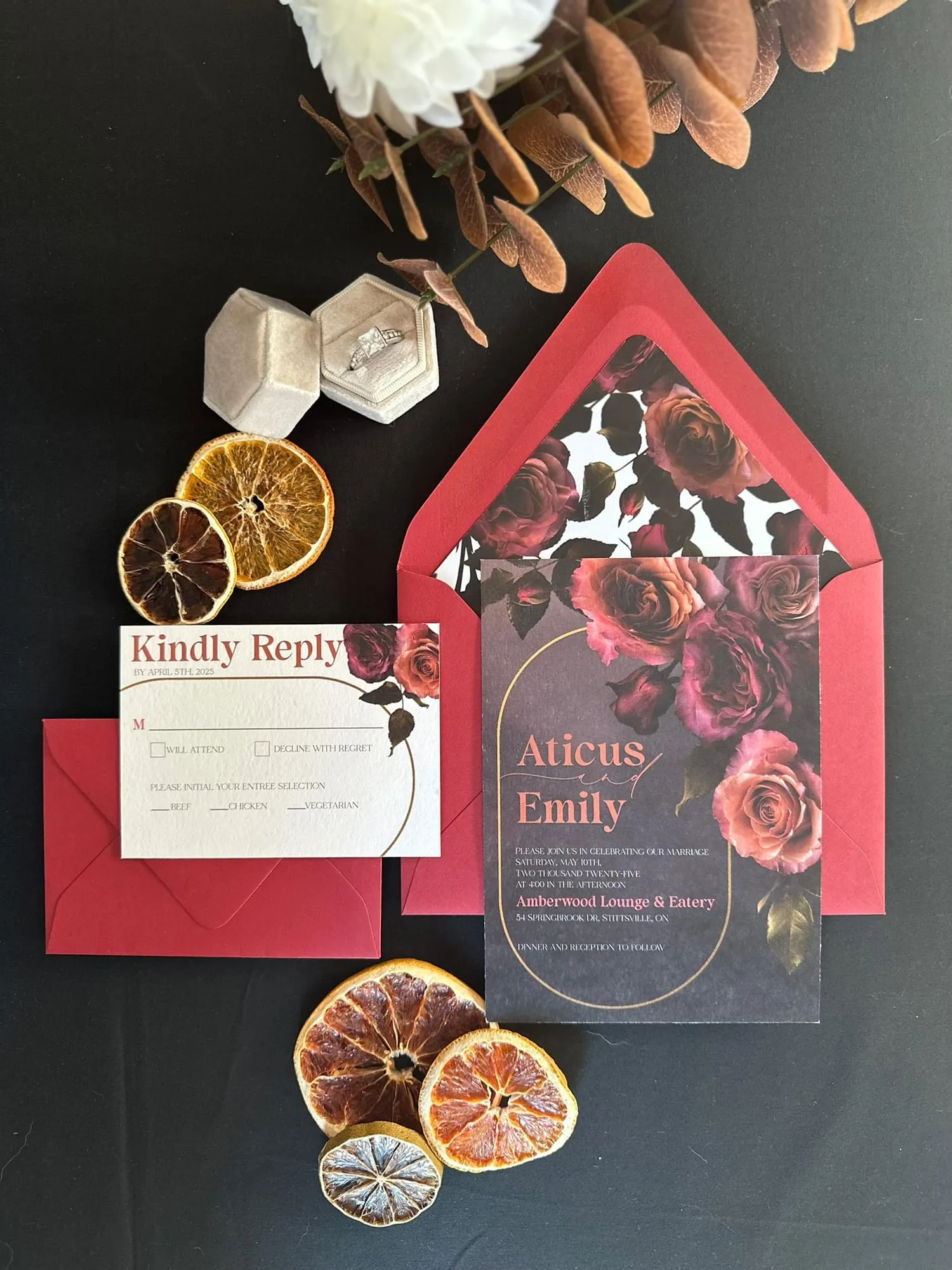 Aticus suite dark with red envelopes and envelope liner