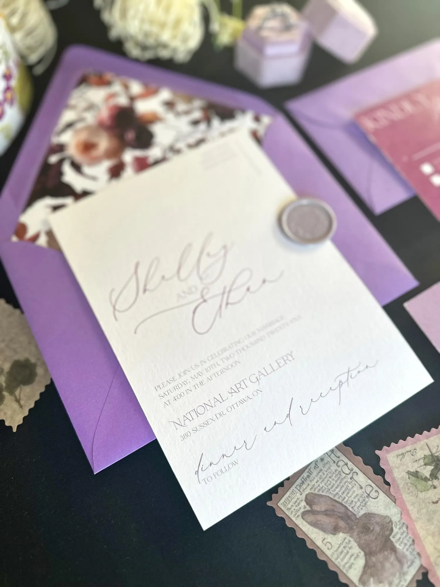 Shelby invite with wax seal, purple envelope and matching liner