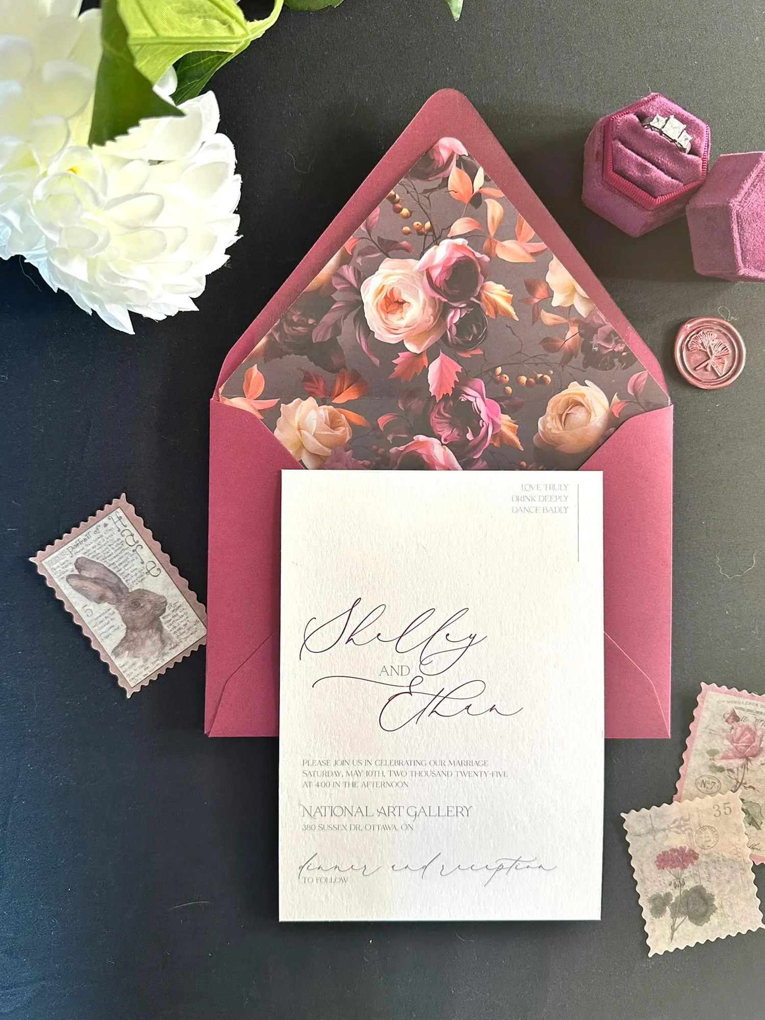 Shelby invite with burgundy envelope and matching dark liner